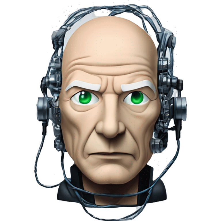 Jean luc picard from Star Trek assimilated by the Borg, with mechanical metal covering the left side of his face, with wires and a red light on the left side. His eyes are blue emoji