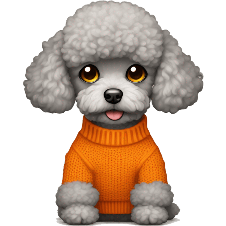 Tired silver beige toy poodle with an orange sweater emoji