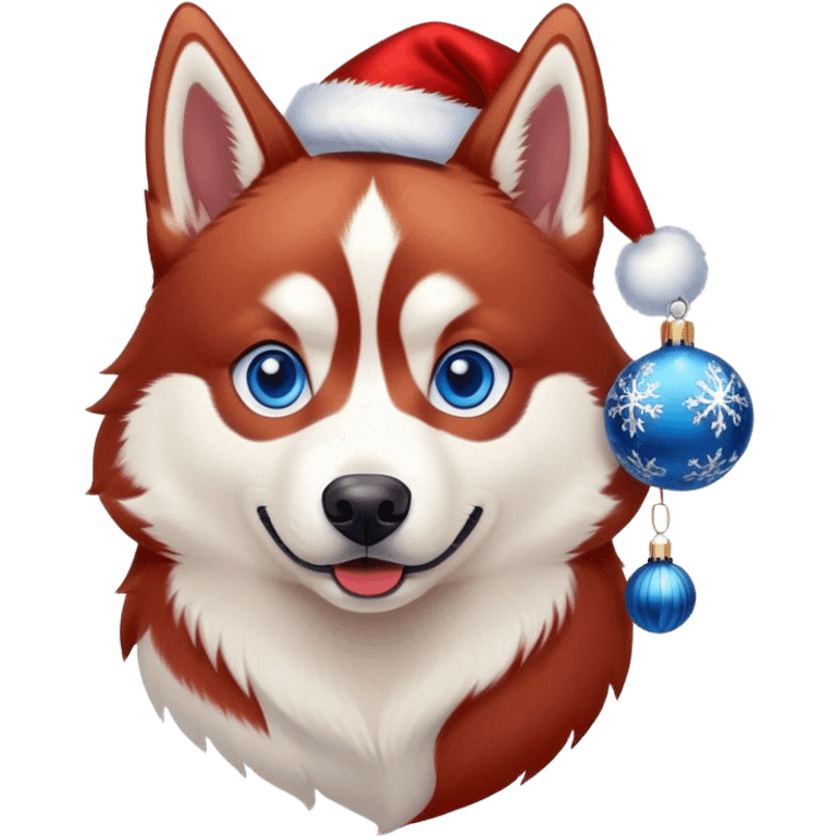 Red Siberian husky with blue eyes celebrating Christmas emoji