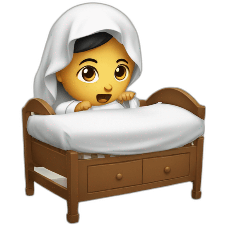 Arab slicing angry in traditional Palestinian outfit baby in crib emoji