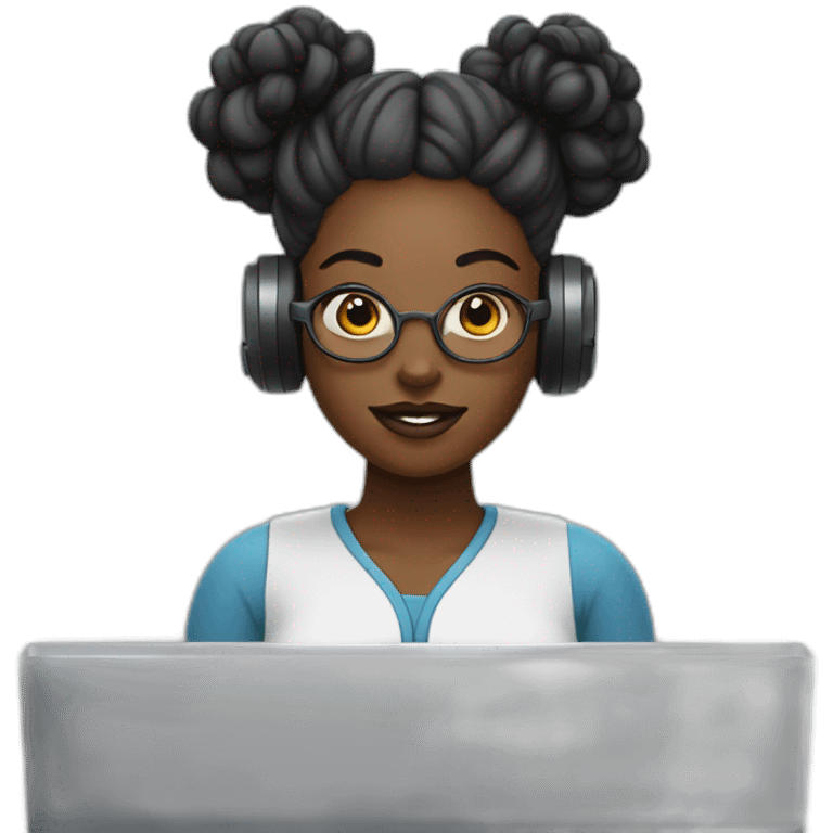 A black woman with space buns behind a computer screen, working in the field of technology emoji