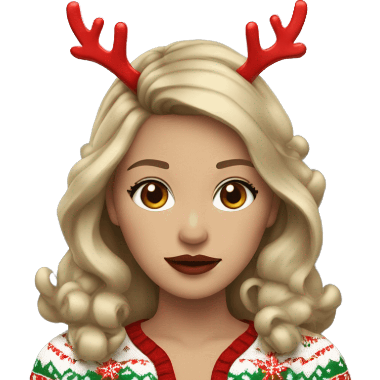 dark blond hairwd girl with christmas sweater and raindeer horns and red lipstick emoji