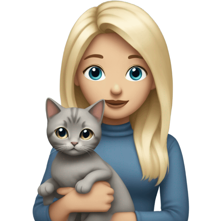 Short Blonde girl with blue eyes holding a gray cat  emoji