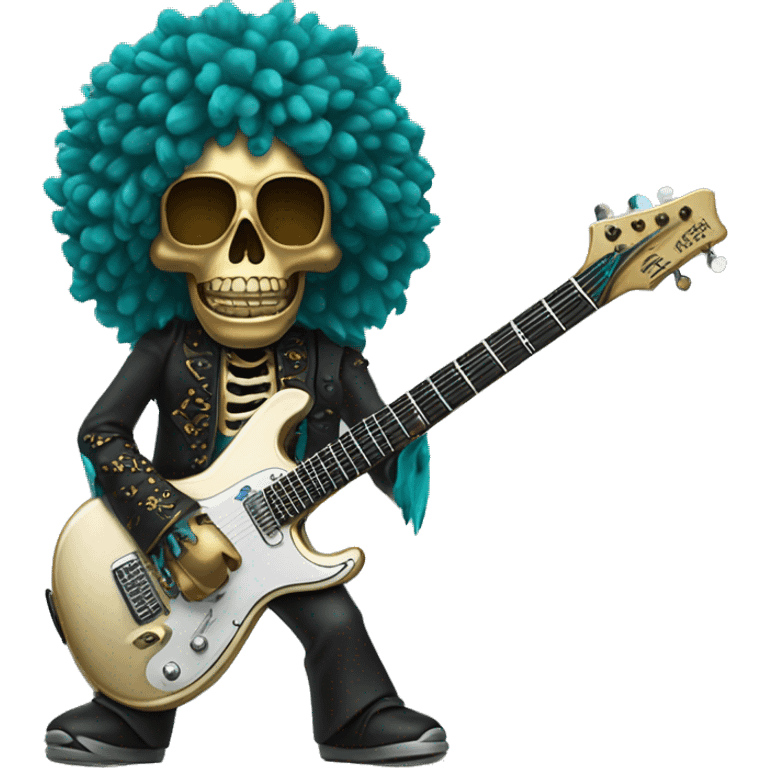 Soolking brook ;black affro cut ;turquoise electric guitar;golden crown ;skeletal face emoji