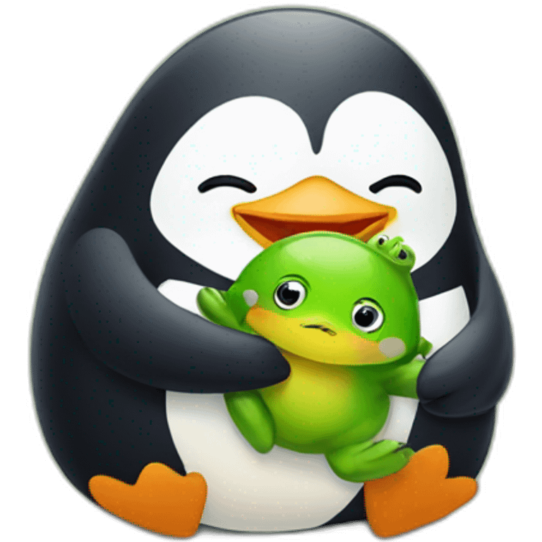 Big penguin hugging a little frog emoji