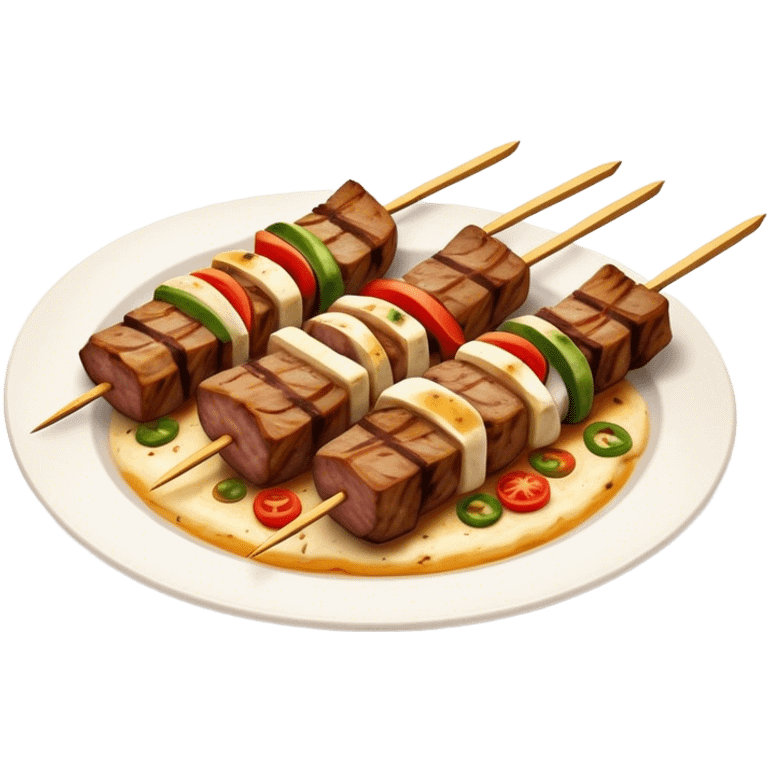 Cinematic Realistic Souvlaki Dish Emoji, showcasing skewered, grilled meat with Mediterranean spices rendered with dynamic textures and warm, appetizing lighting. emoji