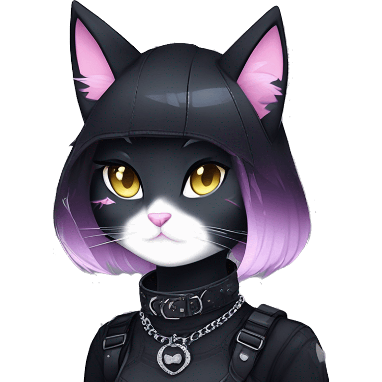 Gorgeous sparkly legendary gradient gothic dark techwear anime style anthro cat with blushing face aesthetic and pretty edgy black with collar and harness trending style emoji