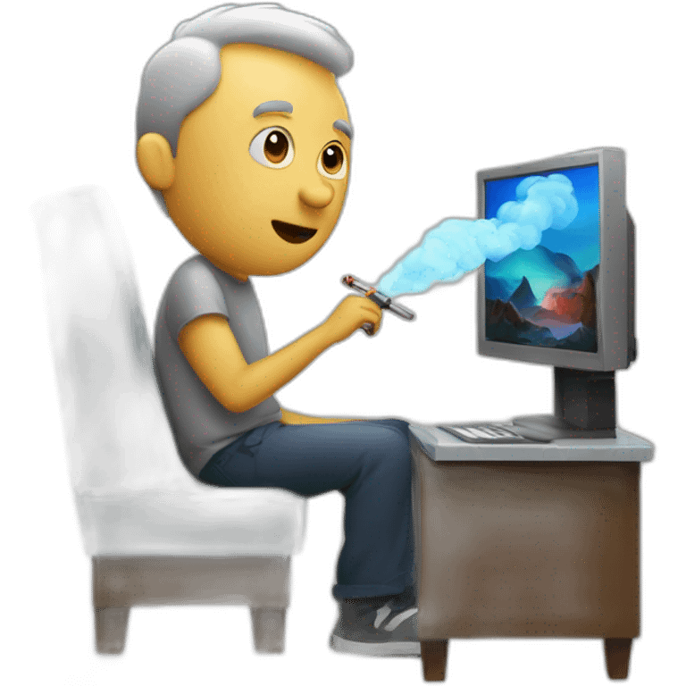 White Man with goatie vaping and watching a movie at his desktop emoji