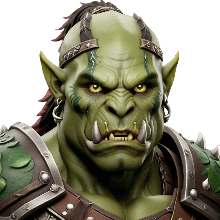 Cinematic Realistic WoW Orc Warrior Portrait, depicted with battle-scarred, rugged green skin and a powerful, muscular build that radiates primal strength. Clad in intricately detailed tribal armor accented with dark leather and iron embellishments in deep, earthy tones, his fierce eyes and determined expression exude honorable might. Rendered with lifelike texture and dramatic natural lighting, high shine, noble and formidable, capturing the essence of a legendary orc champion. emoji