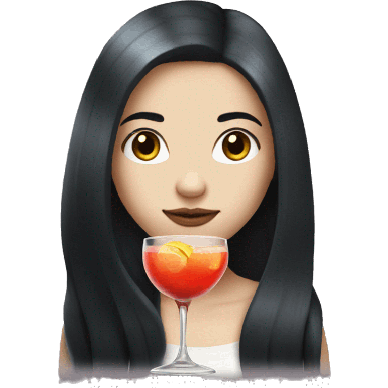 Pale girl with long black hair with chest holding cocktail emoji