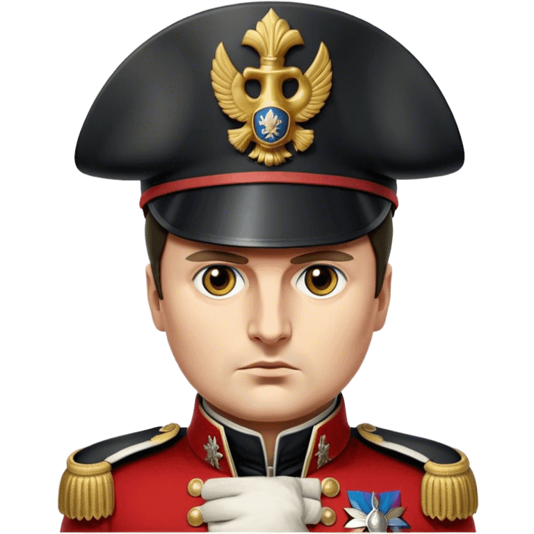 Cinematic Realistic Napoleon Bonaparte Portrait Emoji, depicted as a commanding military leader with a determined gaze and iconic bicorne hat, rendered with dramatic textures and bold historical lighting that captures his imperial legacy. emoji