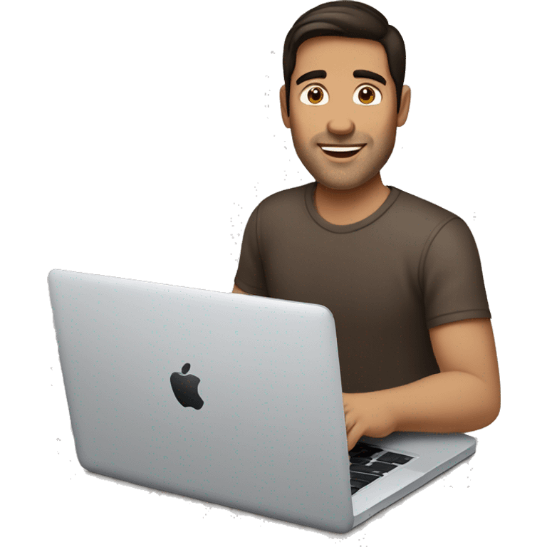 a man typing on a mac book pro with dark brown hair and haisle brown eyes emoji