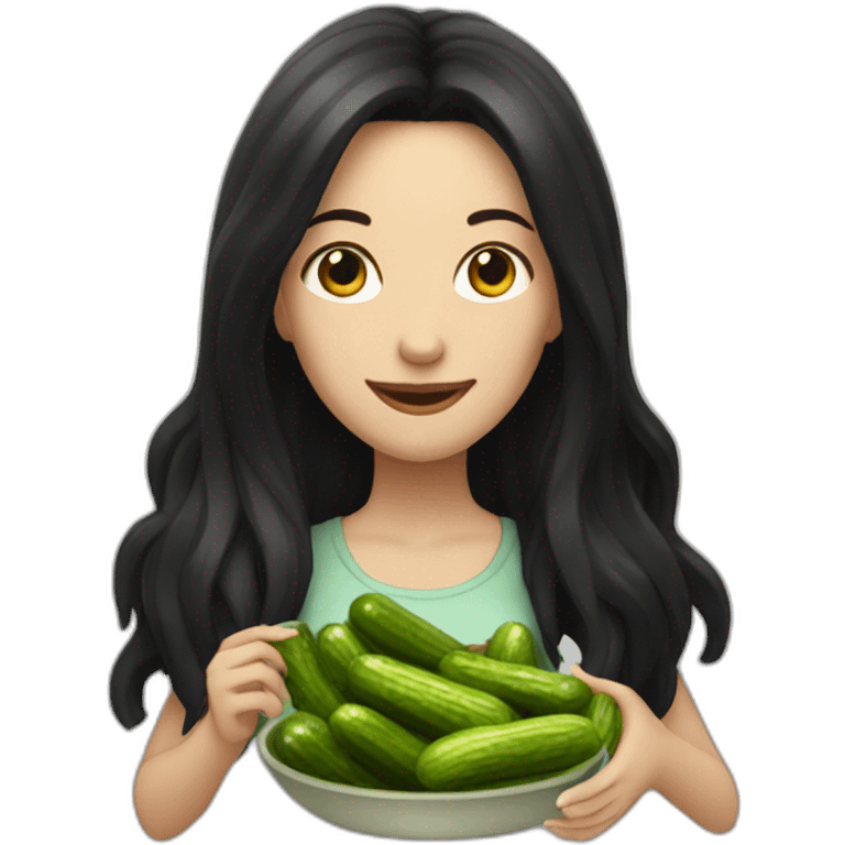 white woman with black long hair while eating pickles emoji