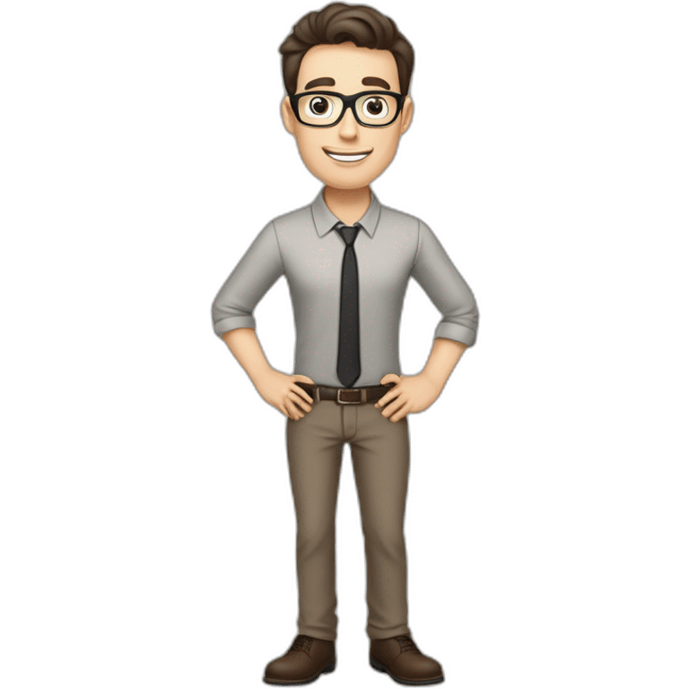 Pale skinned fit man with dark brown hair in gray jacket, beige office shirt, brown tie, brown pants and vintage glasses Writing on the marker board emoji