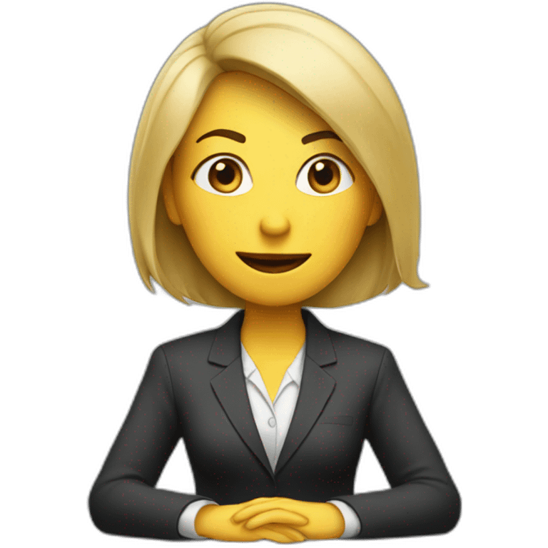 Woman wearing a suit sitting on the table telling the news towards the camera emoji