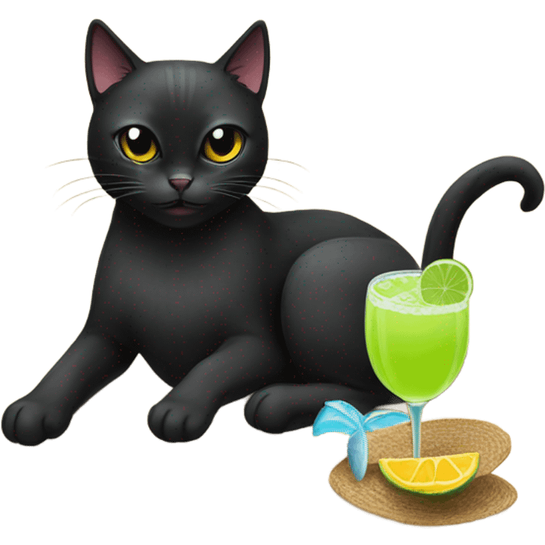 Black cat on the beach with margarita emoji