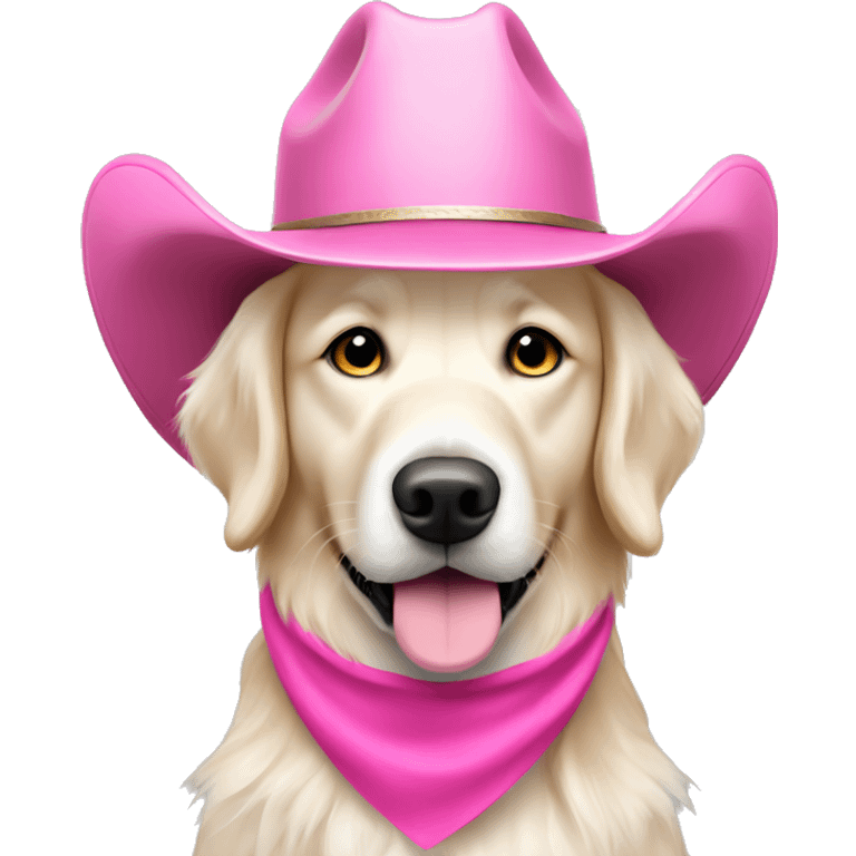 White golden retriever wearing pink cowboy hat emoji