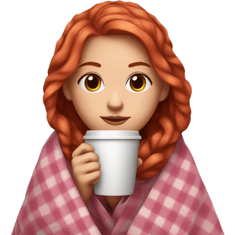 cute auburn red hair girl wrapped in pink plaid blanket drinking coffee emoji