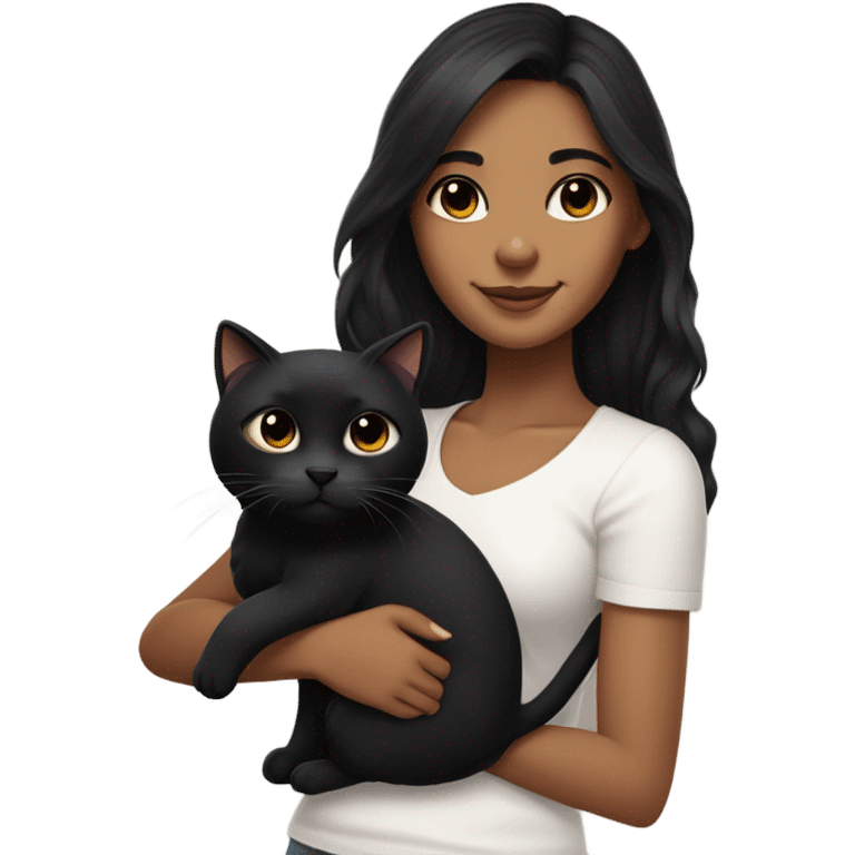 Young woman with medium brown skin, long black hair, a small dimple on her chin, a sweet closed-mouth smile, and large downturned black eyes. She holds a cute black cat and looks adorable. emoji