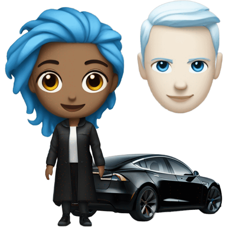 white skin girl with blue hair in black clothes standing next to tesla car emoji