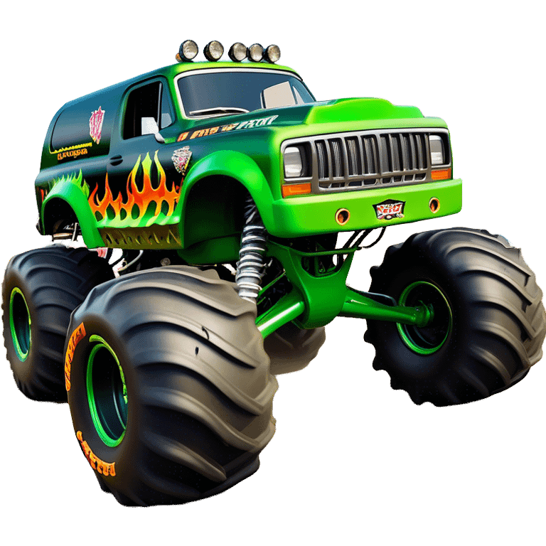 Grave Digger - Monster Jam (Model Year: 2022) (Iconic colour: Green with flames) - A legendary monster truck with a fearsome design: predominantly deep green with dynamic, vibrant flame graphics in bright orange and yellow. Highlight its rough, edgy bodywork and an aura of untamed rebellion. emoji