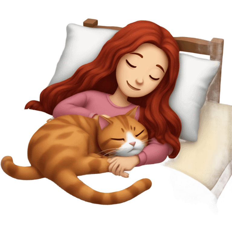 Girl  with  long dark red  hair  cuddling cat  in  bed  while napping emoji