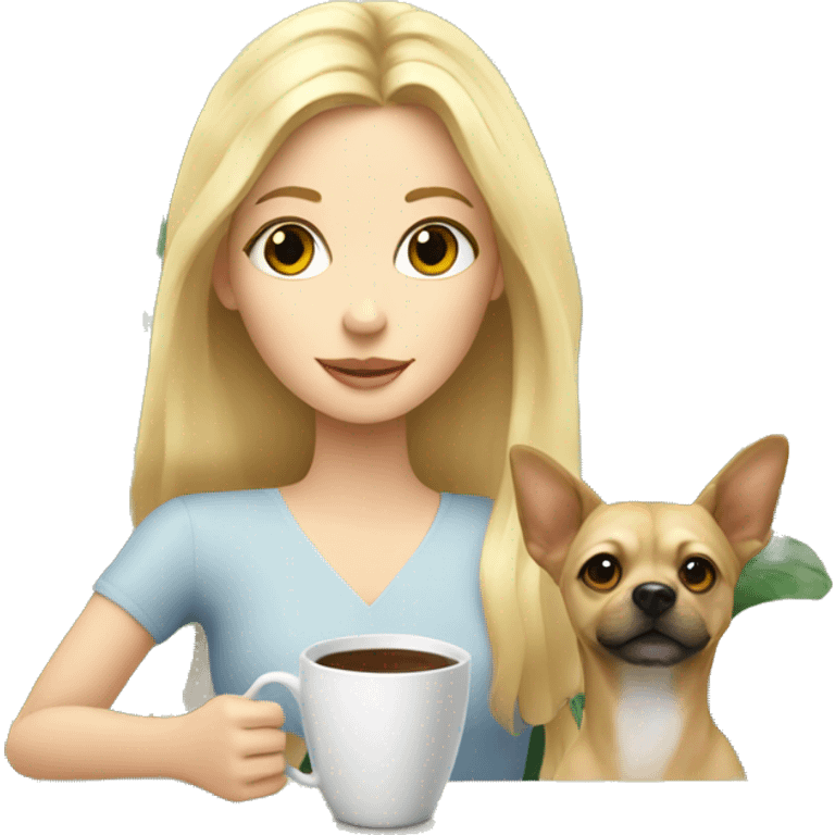 Blonde princess drinking coffee with small dog and plants emoji