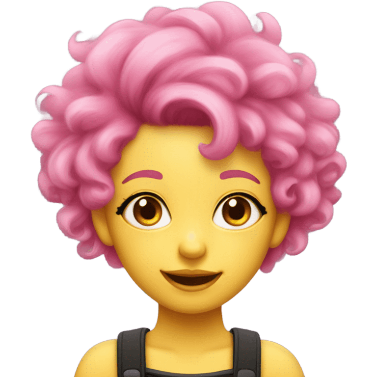 pink haired pink skin (and by pink i do mean PINK pink) girl with black eyes, yellow irisis, beige horns, smile, fluffy hair emoji