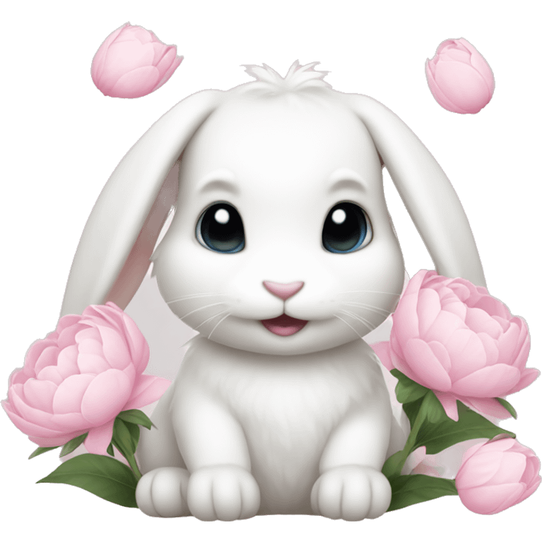 cute white bunny holding light pink peonies emoji