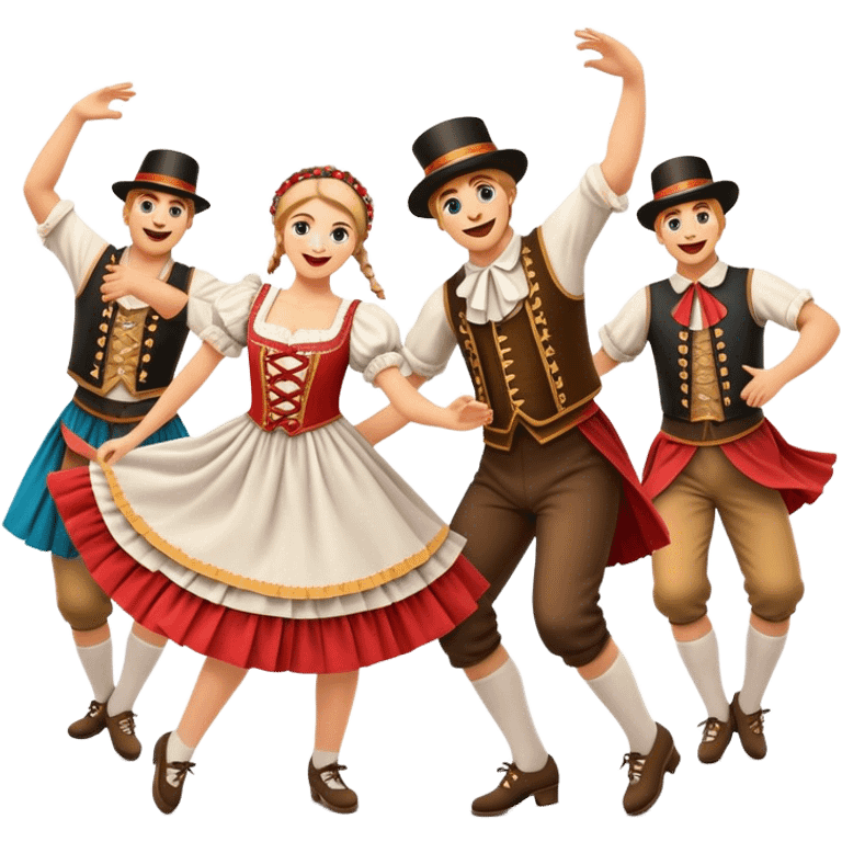 Cinematic Realistic Schuhplattler Dance Emoji, depicted as a lively traditional folk dance scene with performers in authentic Bavarian costumes, rendered with dynamic textures and festive natural lighting that captures the spirit of rural celebration. emoji