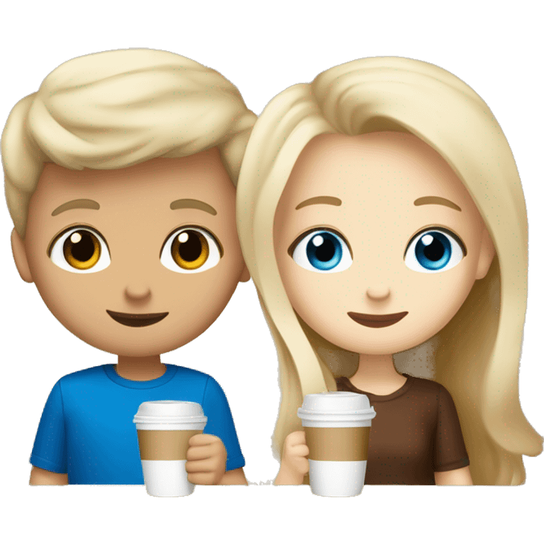 blonde hair with blue eyes boy and a brunnete with brown eyes girl, both white skin drinking latte emoji