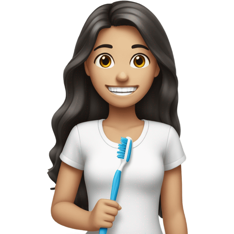 A beautiful girl with long dark hair, brown eyes, who smiles and has braces on her teeth. She has a toothbrush in her hand. emoji