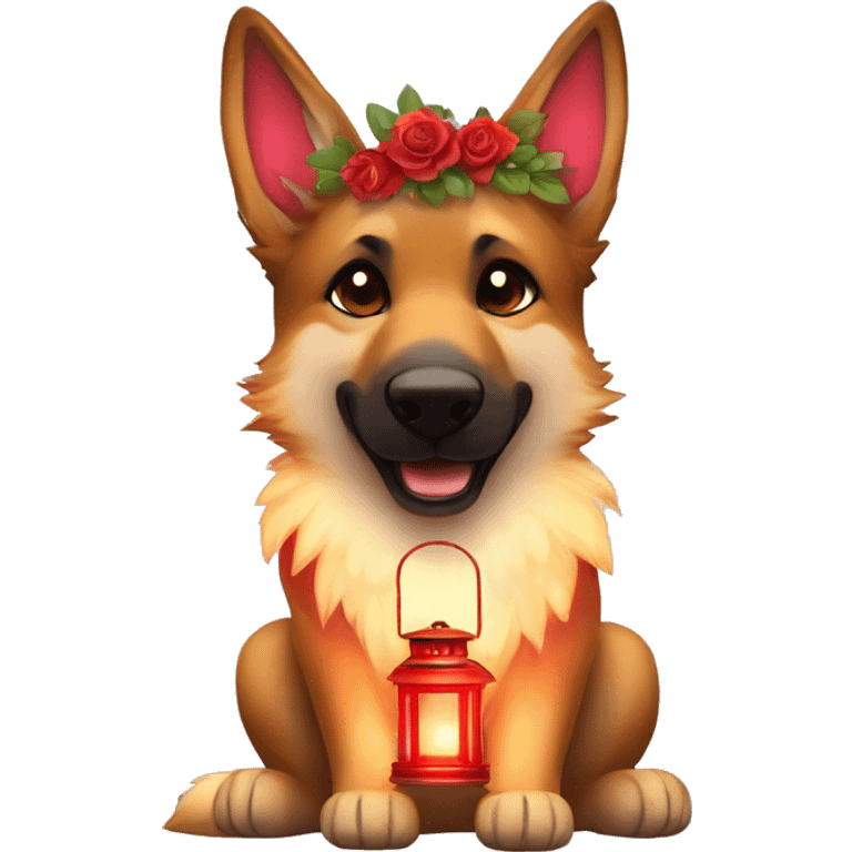 Brindled German shepherd fox carrying glowing red lantern, fairy lights, rose flower crown emoji