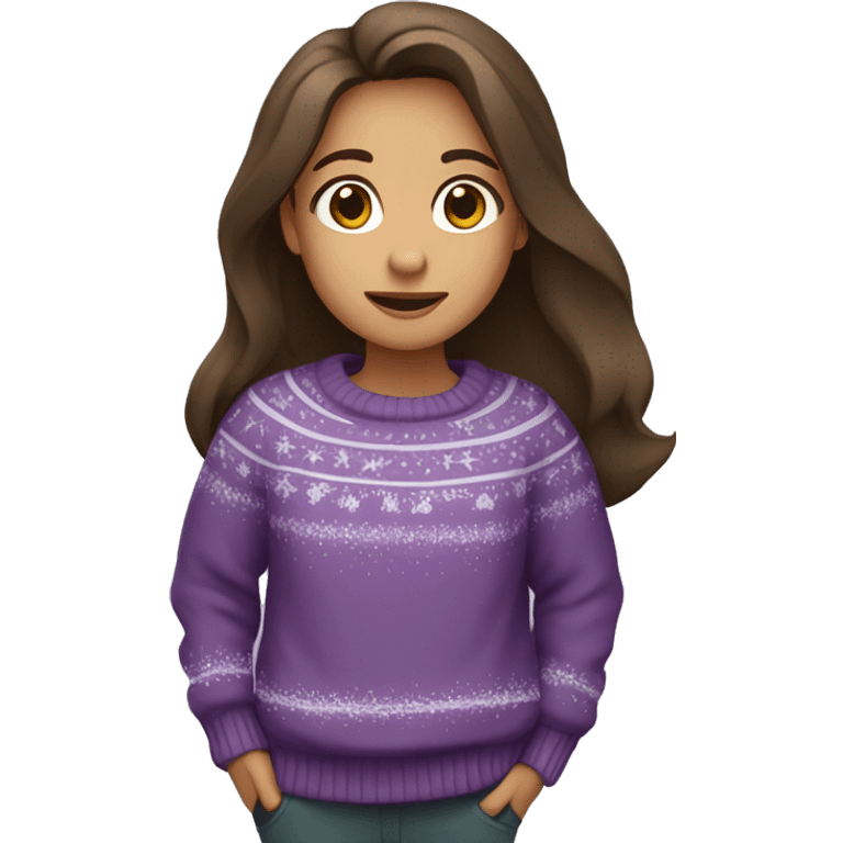 winter, christmas, hispanic, long brown hair, girl, brown eyes, child, full body, purple sweater emoji