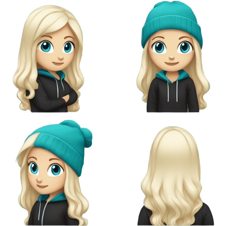 White girl, blue eyes, long teal hair, purple beanie hat, black hoodie, blue jeans, black shoes emoji