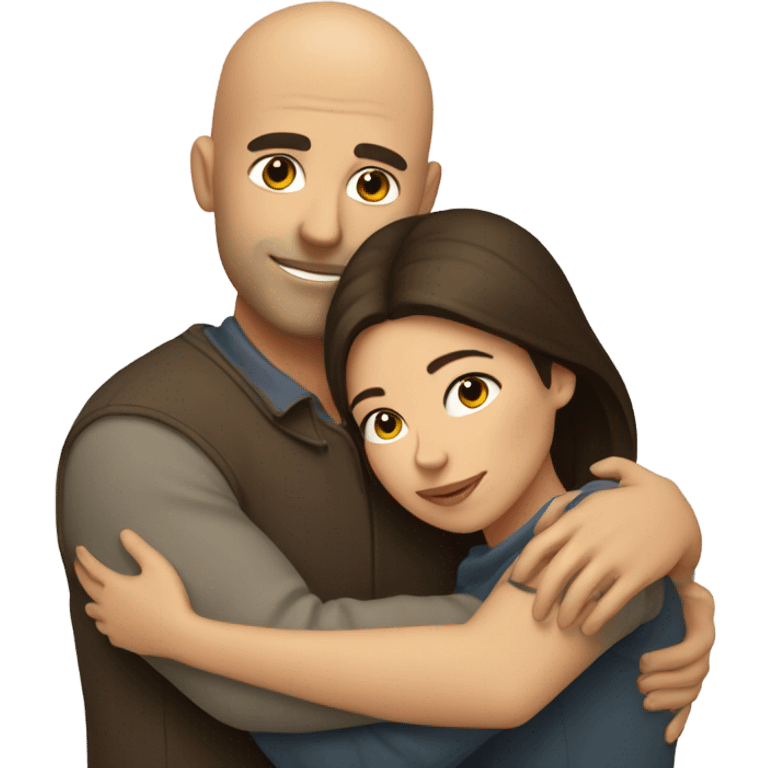 Comforting hug from brunette female to shorter bald male emoji