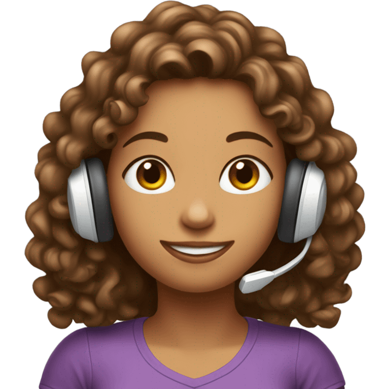 Tanned girl with long curly hair with gaming headset and coffee emoji