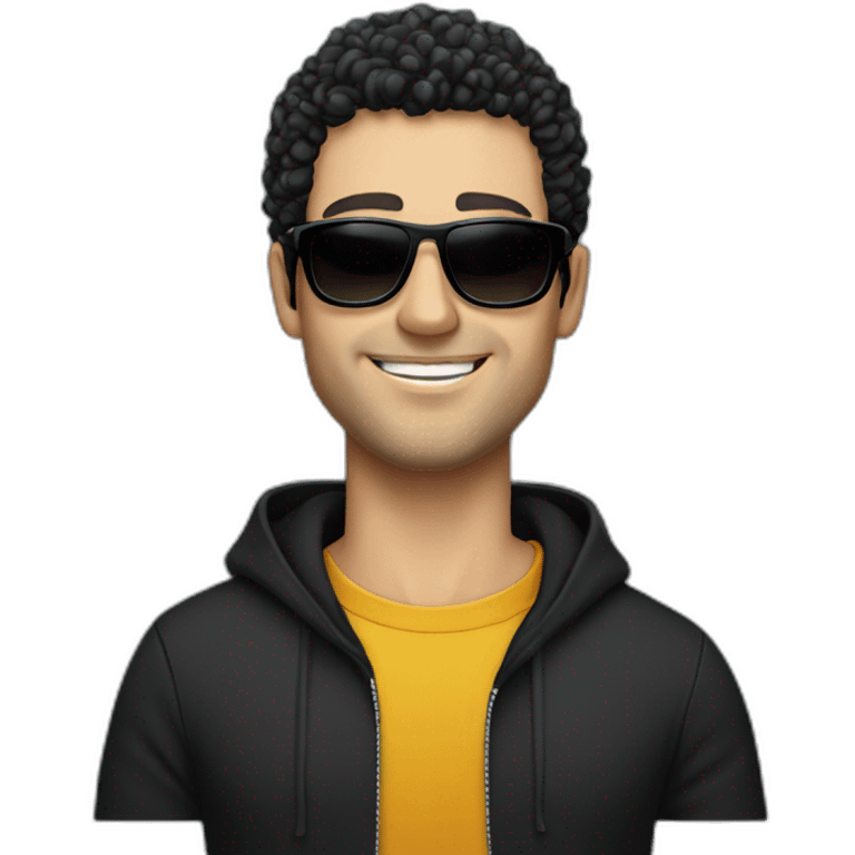 Caucasian man, no smile, with black curly hair and slight beard wearing black hoodie and sunglasses  emoji