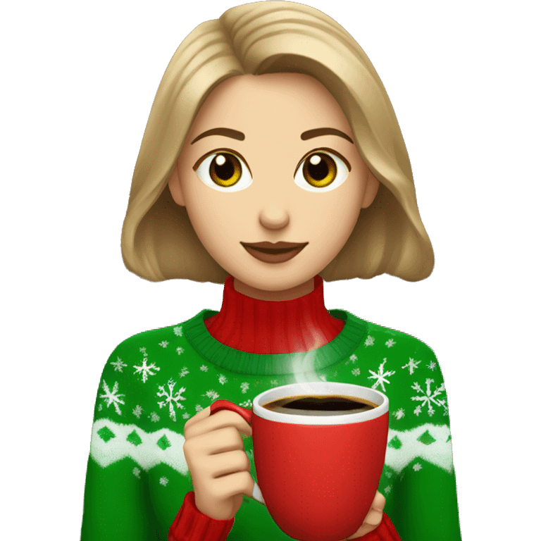 Light brown short haired girl with green eyes drinking coffee wearing red Christmas sweater emoji