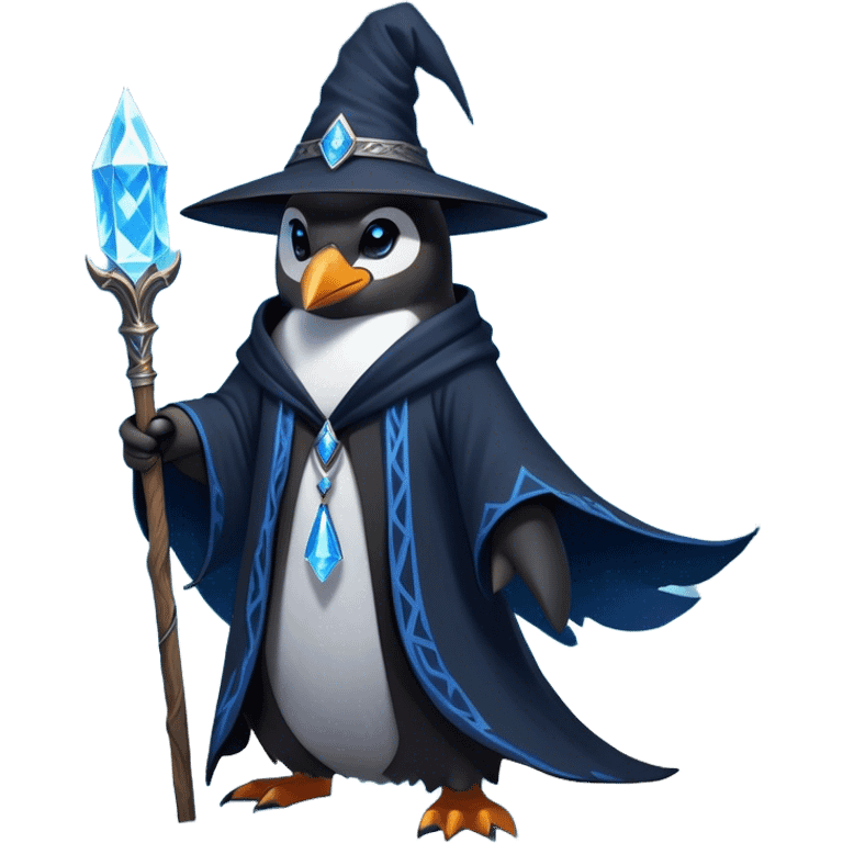 A mysterious penguin mage with sleek midnight-blue feathers, wearing a flowing black robe adorned with silver runes. A tall, pointed wizard hat sits slightly tilted on his head, the brim casting a shadow over his glowing icy-blue eyes. His flipper clutches an ancient wooden staff topped with a swirling crystal, radiating a soft, cold light. Snowflakes drift around him as he stands on a frozen cliff, his aura crackling with arcane energy, ready to summon a blizzard with a flick of his staff. emoji