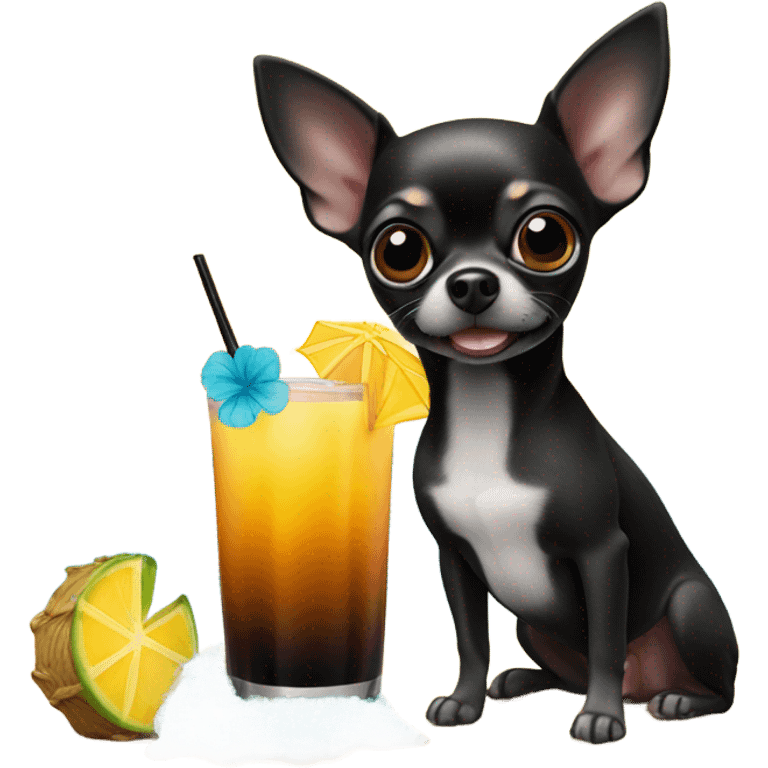 black chihuahua on beach with tiki drink emoji