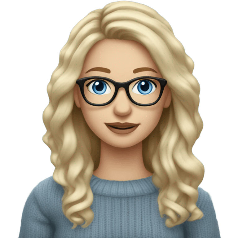 Blonde balayage long hair white women sweater blue eyes and small glasses holding macbook emoji