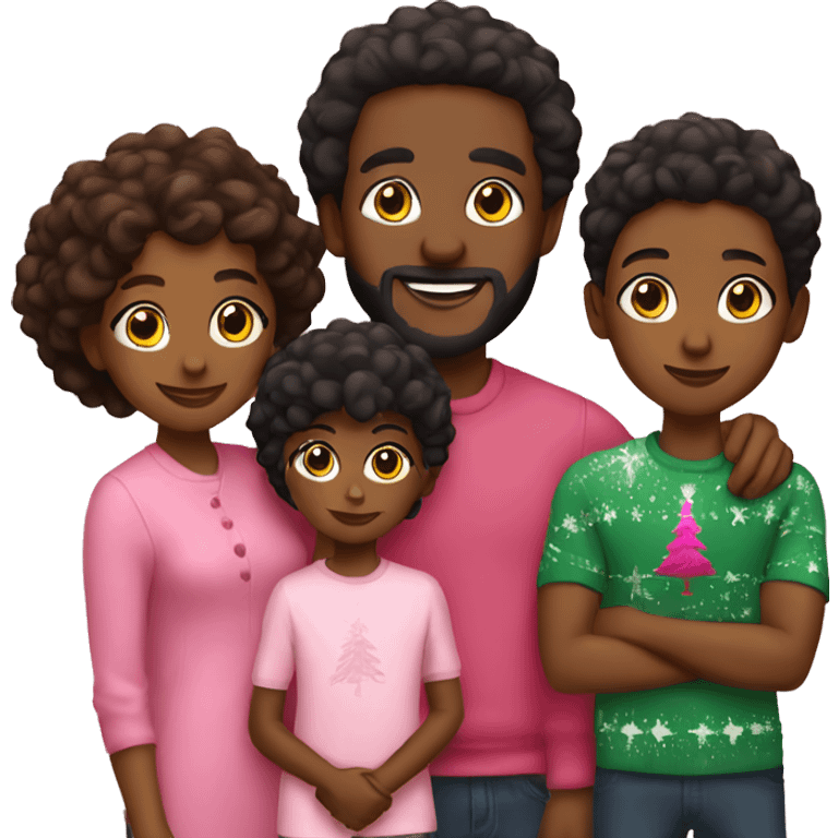 Black family posing in front of pink Christmas tree emoji