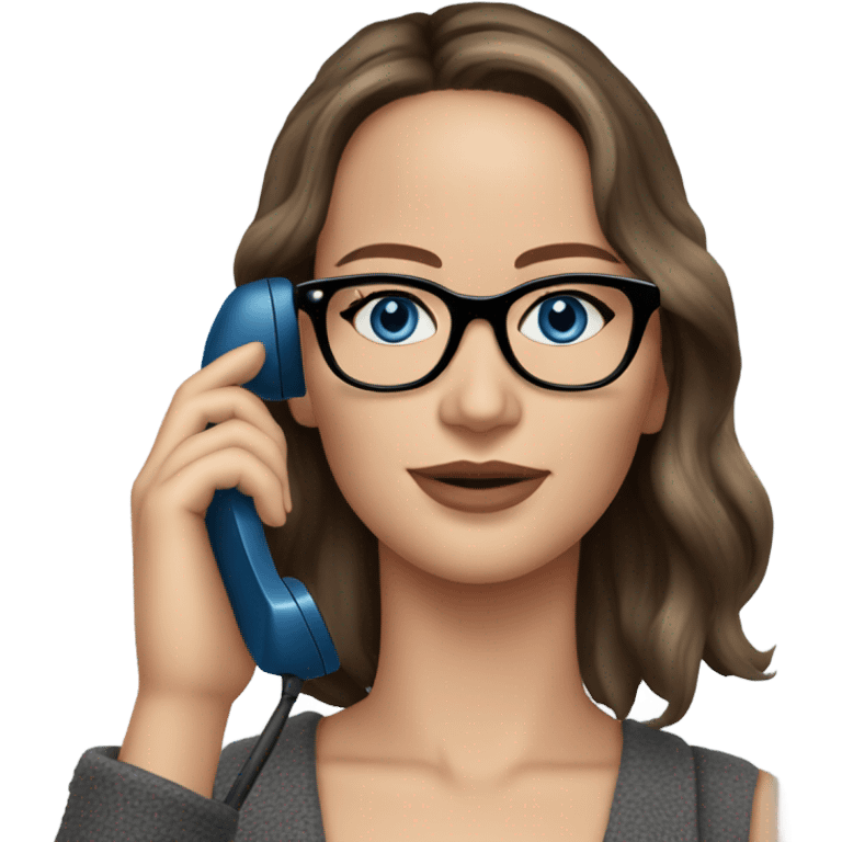 Realistic Photo of Brunette Jennifer Lawrence wearing black glasses and blue eyes talking on the phone  emoji