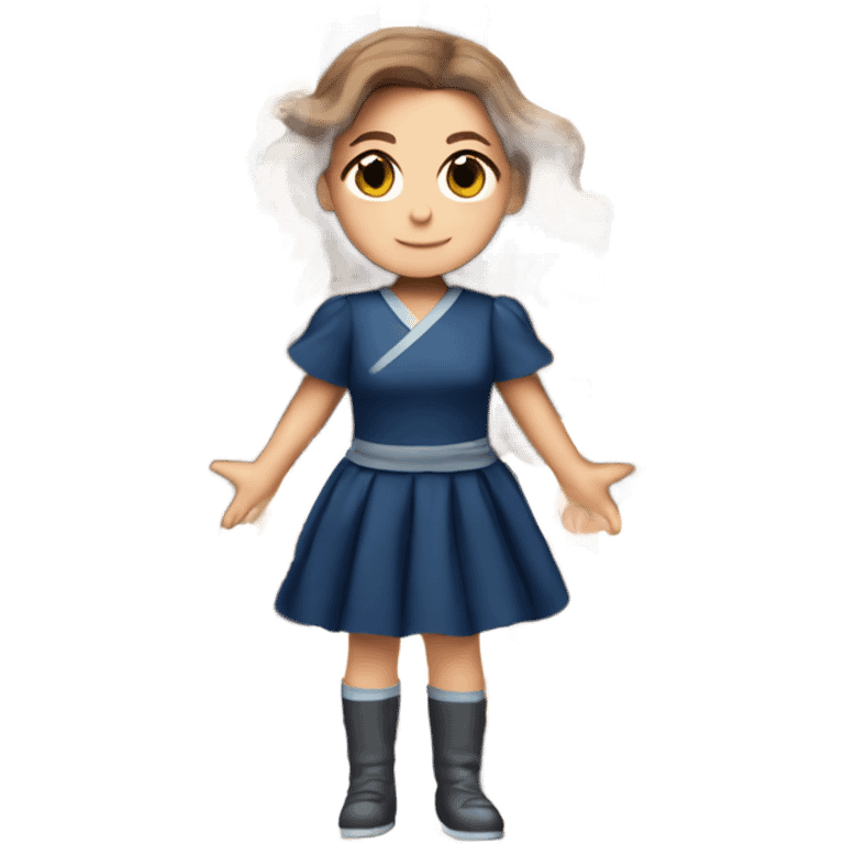 White girl with brown hair dark blue ruffle sleeve wrap dress full body hands on hips emoji