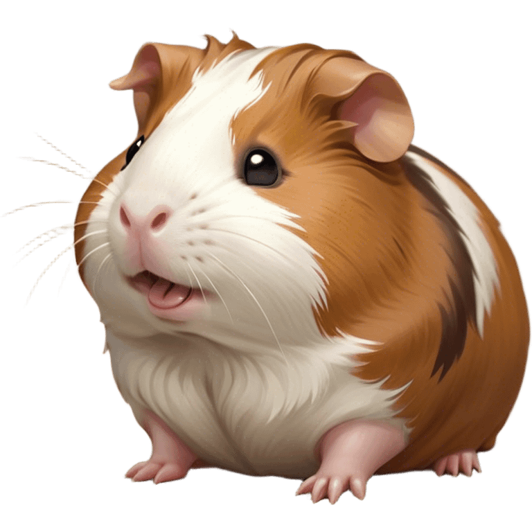 Cinematic Cute Yawning Brown and White Banded Guinea Pig Portrait Emoji, Head tilted slightly with a dramatic, wide-open yawn, revealing a soft, banded coat of brown and white with tiny, droopy ears, round dark eyes barely open in drowsy contentment, Simplified yet irresistibly adorable features, highly detailed, glowing with a soft, cozy glow, high shine, relaxed yet expressive, stylized with a touch of whimsy, bright and endearing, soft glowing outline, capturing the essence of a sleepy yet affectionate guinea pig, so drowsy it feels like it could stretch out of the screen and curl up for a nap! emoji