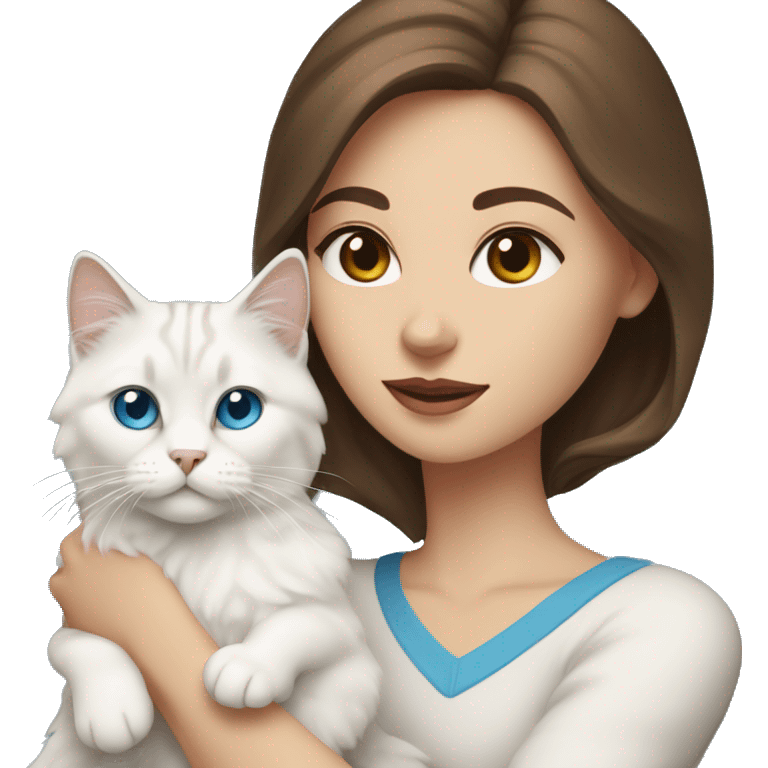 woman with brown hair and holding a all white Siberian cat with blue eyes emoji