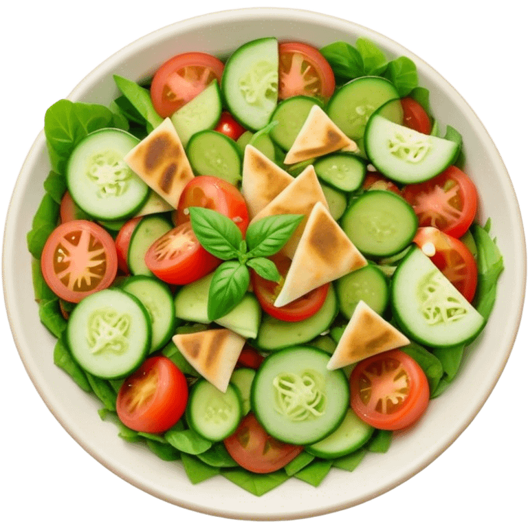 Cinematic Realistic Fattoush Salad Dish Emoji, depicted as a colorful medley of greens, tomatoes, cucumbers, and crispy pita rendered with vibrant textures and refreshing lighting. emoji