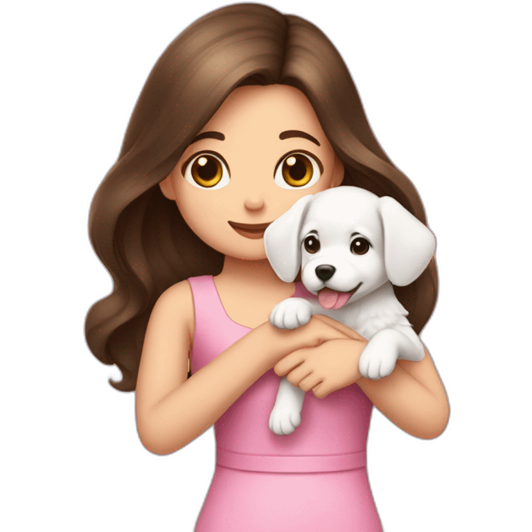 girl brunette hold on the hand small white puppy which dressed in pink dress emoji