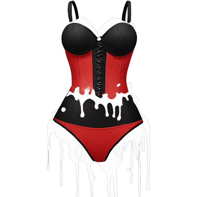 Red and black corset top with bikini bottom splattered with white paint  emoji